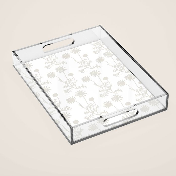 White on White Floral Botanical Wild Daisies Cottage Pattern Acrylic Tray Gallery Image 1