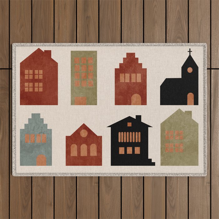 houses retro fall abstract geometric Outdoor Rug Gallery Image 1