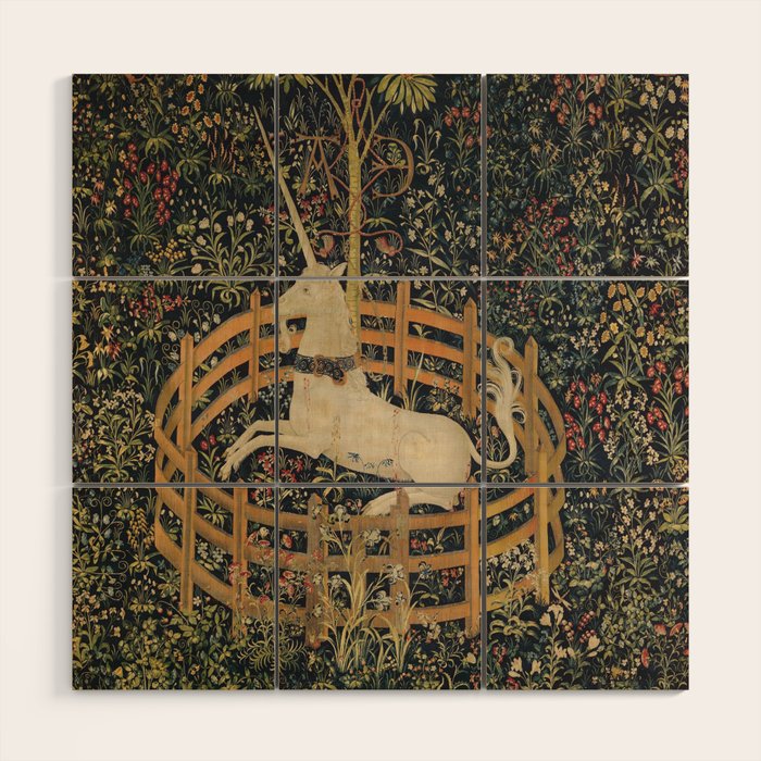 Unicorn In Captivity 'The Lady and the Unicorn' Medieval Tapestry Wood Wall Art Gallery Image 1