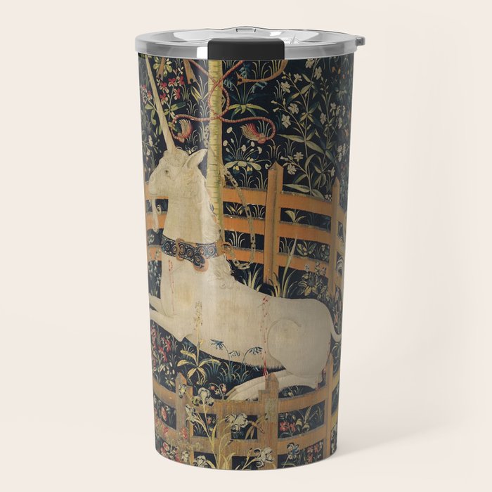 Unicorn In Captivity 'The Lady and the Unicorn' Medieval Tapestry Travel Mug Gallery Image 1