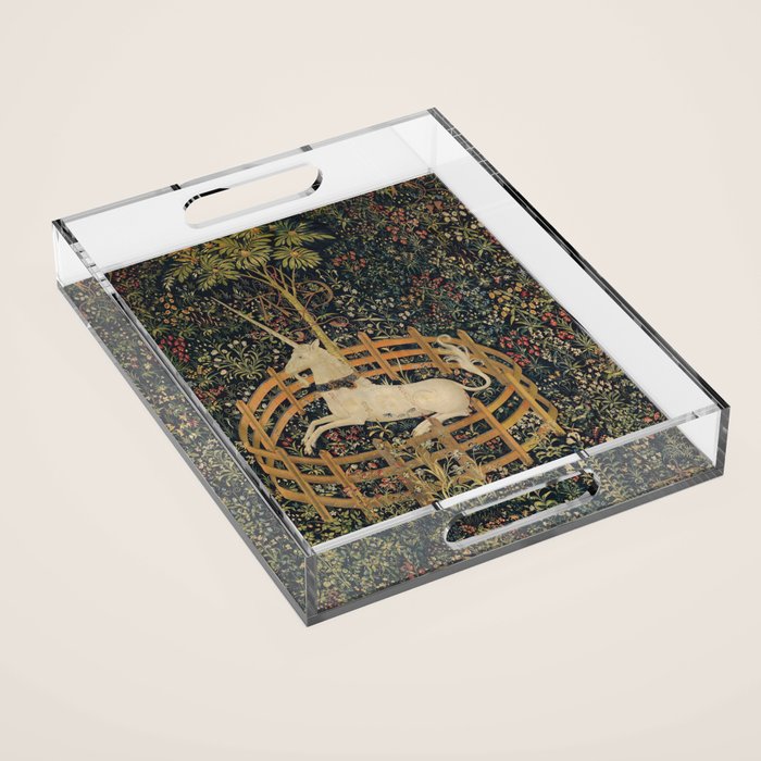 Unicorn In Captivity 'The Lady and the Unicorn' Medieval Tapestry Acrylic Tray Gallery Image 1