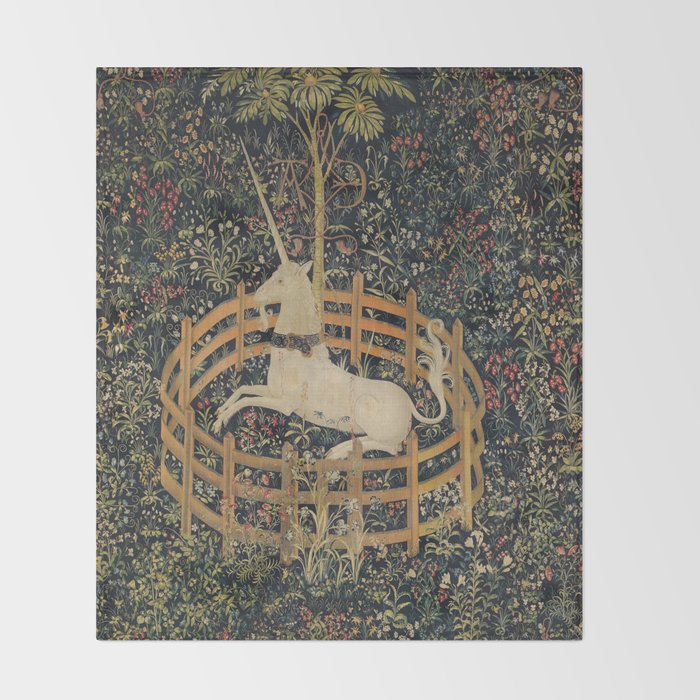 Unicorn In Captivity 'The Lady and the Unicorn' Medieval Tapestry Throw Blanket Gallery Image 2