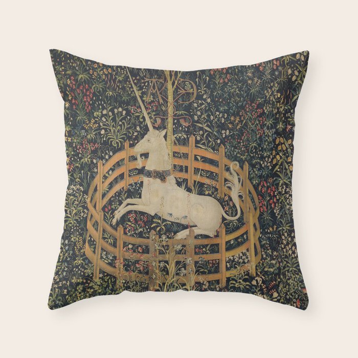 Unicorn In Captivity 'The Lady and the Unicorn' Medieval Tapestry Throw Pillow Gallery Image 1