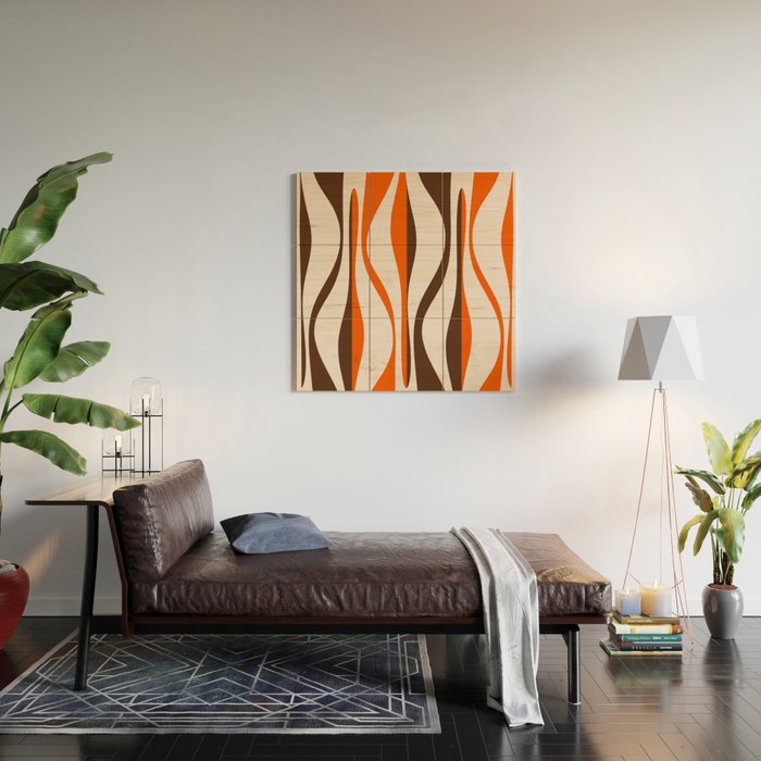 Mid Century Modern Retro Lounge Striped Ogee Pattern in Vintage 70s Brown Orange  Wood Wall Art Gallery Image 2