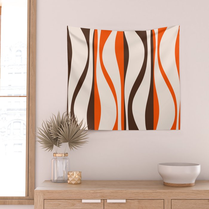 Mid Century Modern Retro Lounge Striped Ogee Pattern in Vintage 70s Brown Orange  Wall Tapestry Gallery Image 2