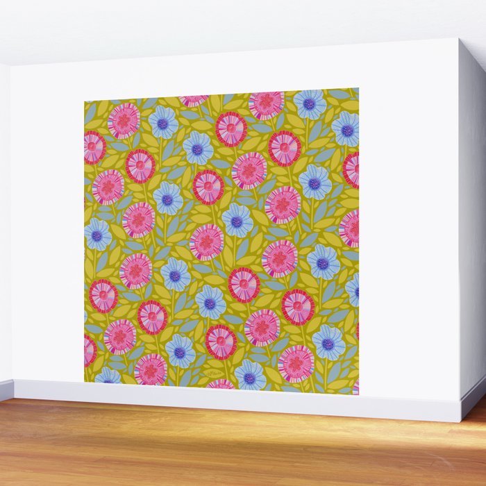 Folk Floral Blossoms in Moss Green Wall Mural Gallery Image 2