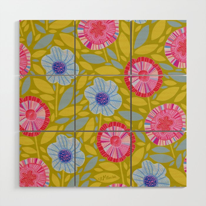 Folk Floral Blossoms in Moss Green Wood Wall Art Gallery Image 1