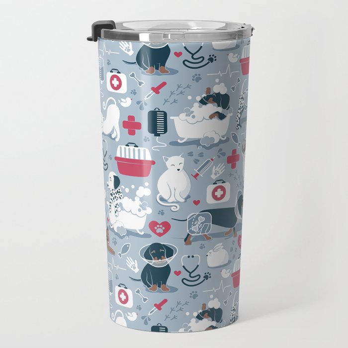 Veterinary medicine, happy and healthy friends // pastel blue background Travel Mug Gallery Image 3