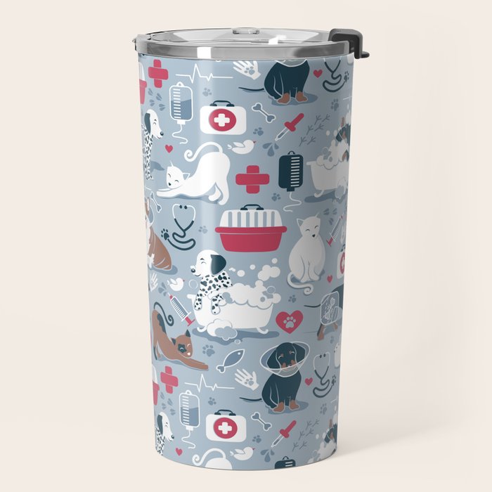 Veterinary medicine, happy and healthy friends // pastel blue background Travel Mug Gallery Image 2