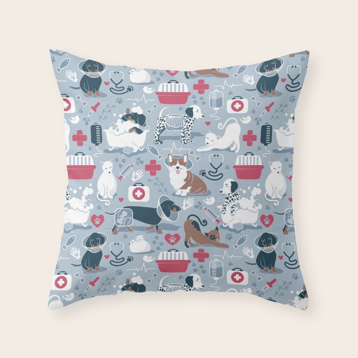 Veterinary medicine, happy and healthy friends // pastel blue background Throw Pillow Gallery Image 6