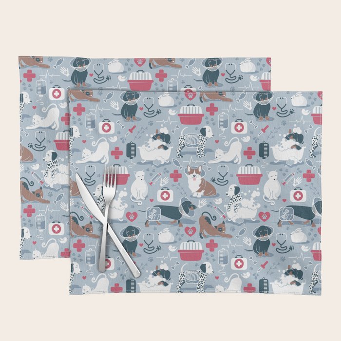 Veterinary medicine, happy and healthy friends // pastel blue background Placemat Gallery Image 1