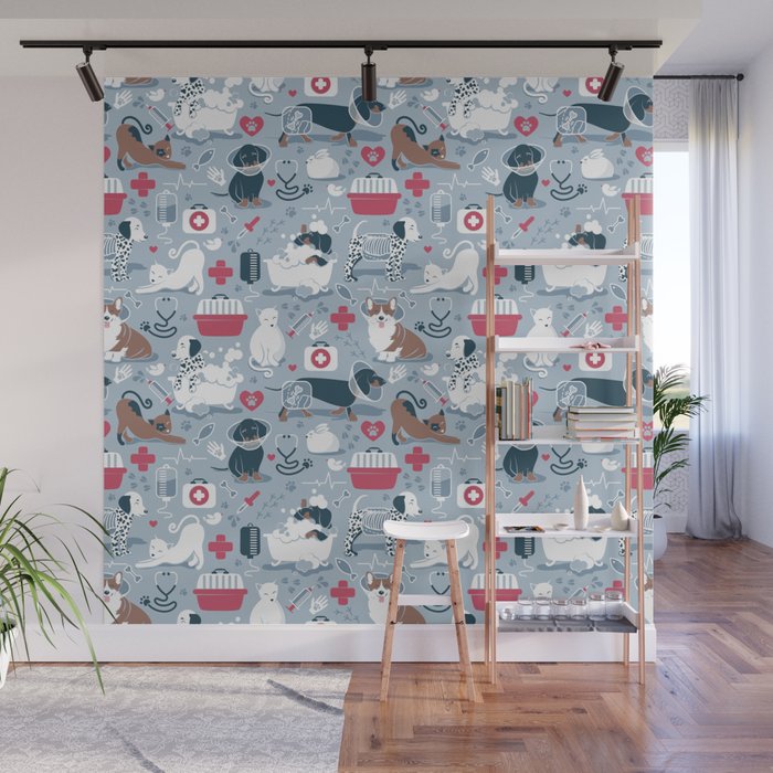 Veterinary medicine, happy and healthy friends // pastel blue background Wall Mural Gallery Image 1