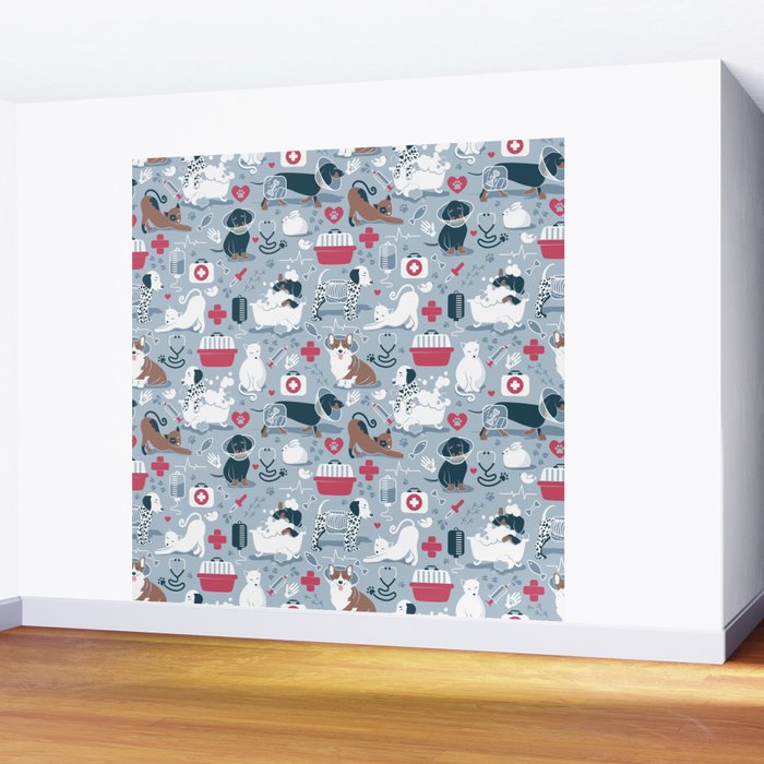 Veterinary medicine, happy and healthy friends // pastel blue background Wall Mural Gallery Image 2