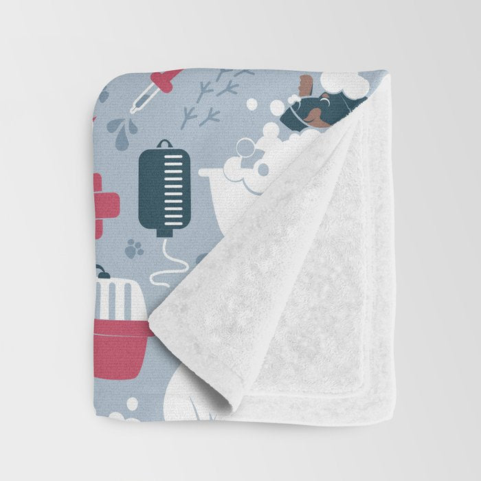Veterinary medicine, happy and healthy friends // pastel blue background Throw Blanket Gallery Image 3