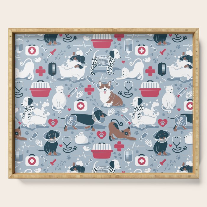 Veterinary medicine, happy and healthy friends // pastel blue background Serving Tray Gallery Image 1