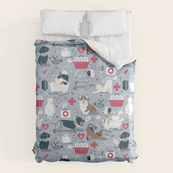 Veterinary medicine, happy and healthy friends // pastel blue background Duvet Cover Gallery Image 1
