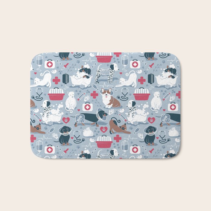Veterinary medicine, happy and healthy friends // pastel blue background Bath Mat Gallery Image 1