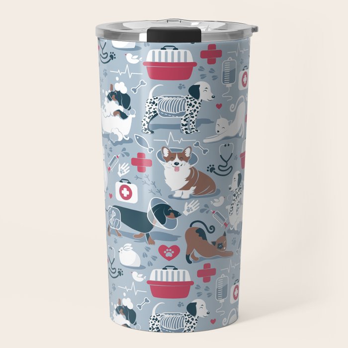 Veterinary medicine, happy and healthy friends // pastel blue background Travel Mug Gallery Image 1