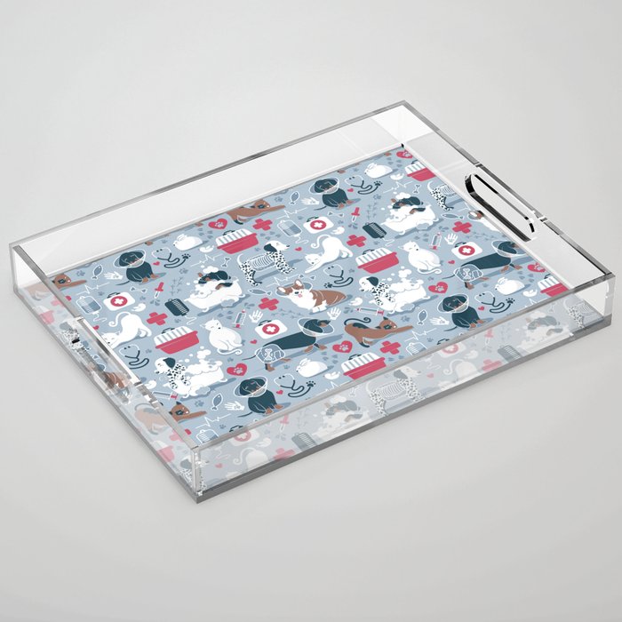 Veterinary medicine, happy and healthy friends // pastel blue background Acrylic Tray Gallery Image 1