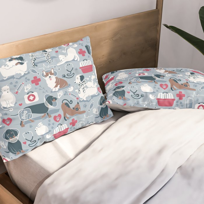 Veterinary medicine, happy and healthy friends // pastel blue background Pillow Sham Gallery Image 2