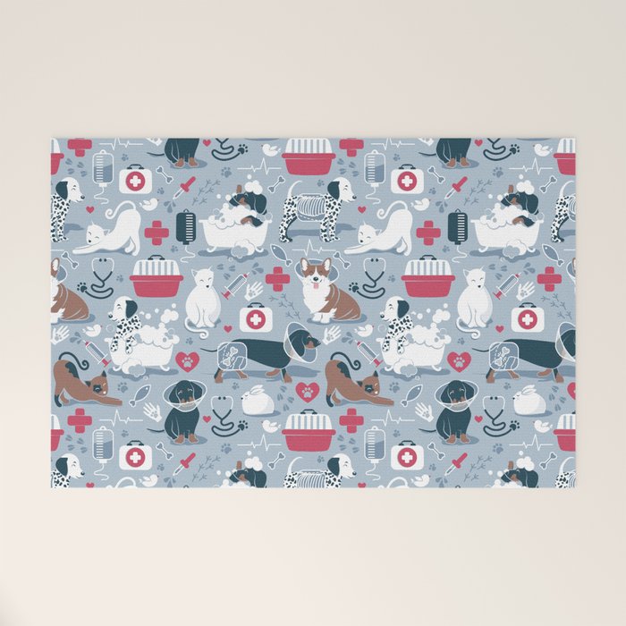 Veterinary medicine, happy and healthy friends // pastel blue background Welcome Mat Gallery Image 1