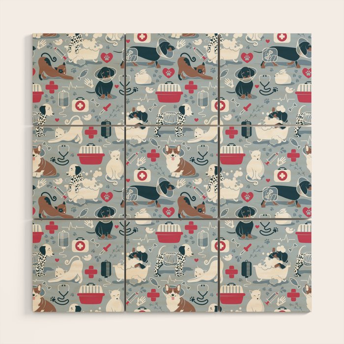 Veterinary medicine, happy and healthy friends // pastel blue background Wood Wall Art Gallery Image 1