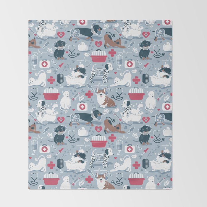 Veterinary medicine, happy and healthy friends // pastel blue background Throw Blanket Gallery Image 2