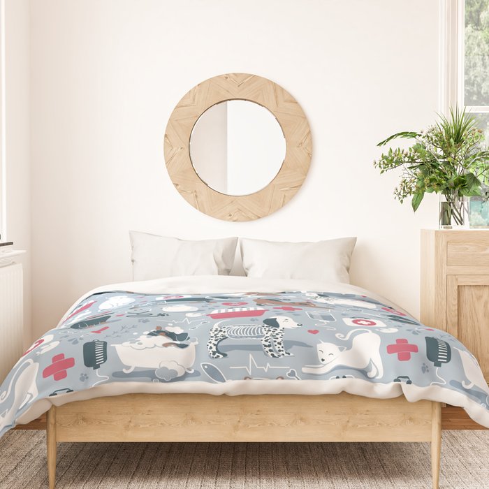Veterinary medicine, happy and healthy friends // pastel blue background Duvet Cover Gallery Image 3