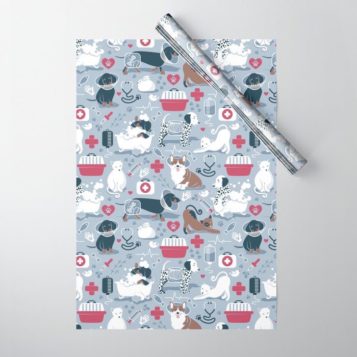 Veterinary medicine, happy and healthy friends // pastel blue background Wrapping Paper Gallery Image 1