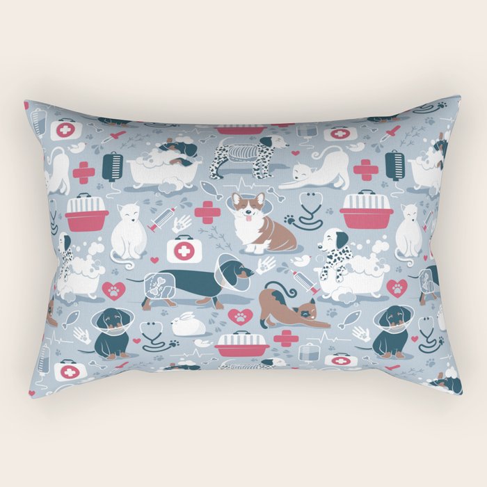 Veterinary medicine, happy and healthy friends // pastel blue background Rectangular Pillow Gallery Image 1