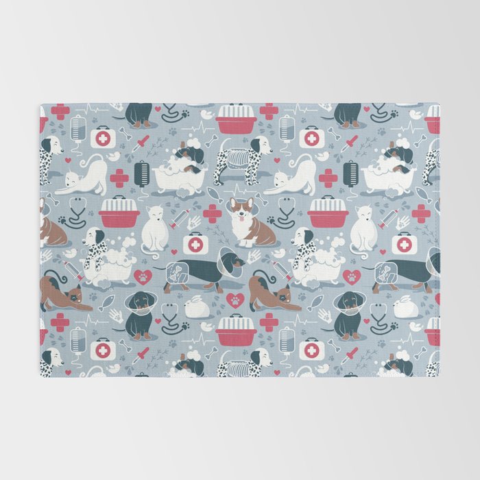 Veterinary medicine, happy and healthy friends // pastel blue background Rug Gallery Image 2