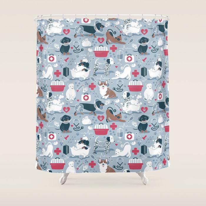 Veterinary medicine, happy and healthy friends // pastel blue background Shower Curtain Gallery Image 1