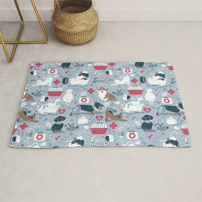 Veterinary medicine, happy and healthy friends // pastel blue background Rug Gallery Image 1