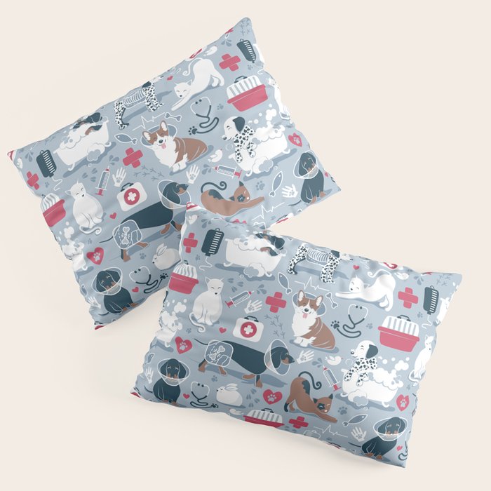 Veterinary medicine, happy and healthy friends // pastel blue background Pillow Sham Gallery Image 1