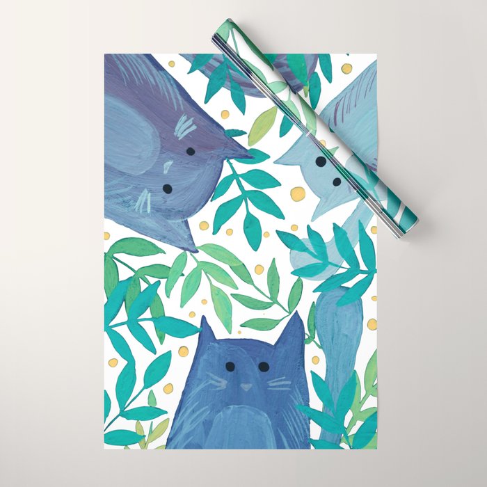 Cats and branches - blue and green Wrapping Paper Gallery Image 1