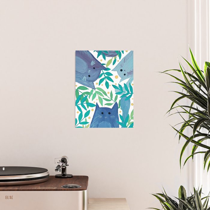 Cats and branches - blue and green Poster Gallery Image 2