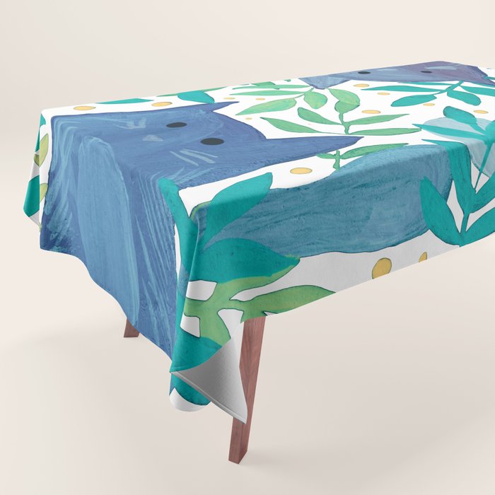 Cats and branches - blue and green Tablecloth Gallery Image 1