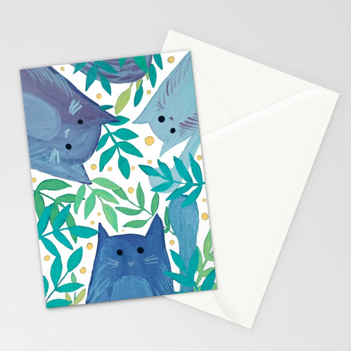 Cats and branches - blue and green Stationery Card Gallery Image 2