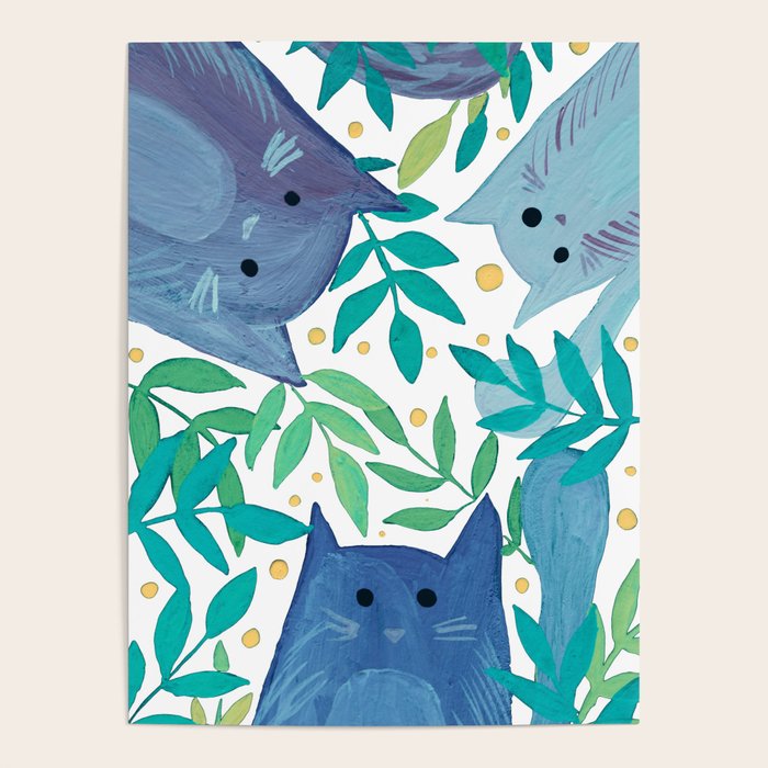 Cats and branches - blue and green Poster Gallery Image 1