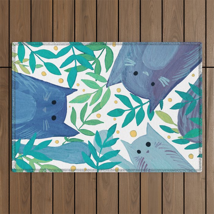 Cats and branches - blue and green Outdoor Rug Gallery Image 1