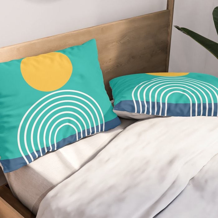 Geometric Lines in Blue Teal Yellow (Sun and Rainbow abstraction) Pillow Sham Gallery Image 2