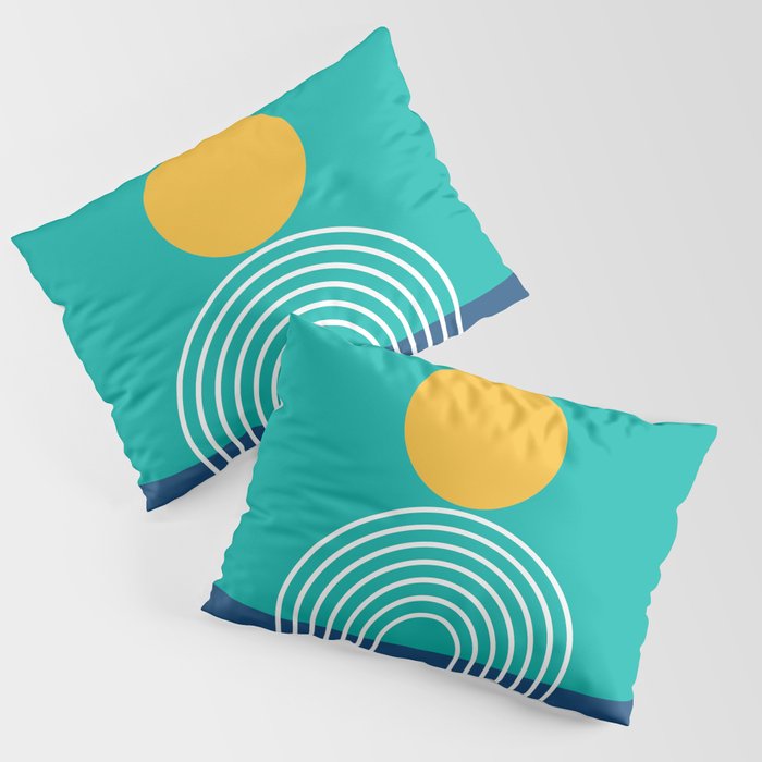 Geometric Lines in Blue Teal Yellow (Sun and Rainbow abstraction) Pillow Sham Gallery Image 3