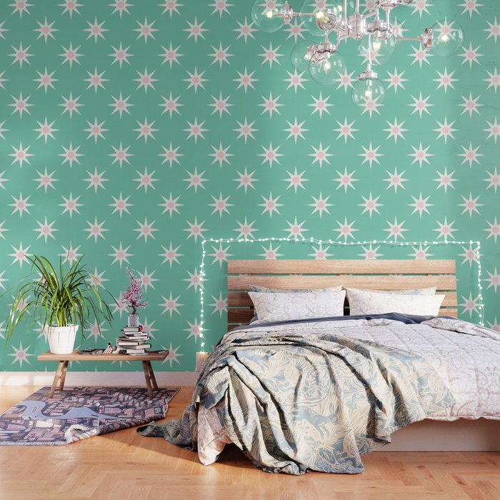 Northern Winter Star Festive Grid Pink White and Mint Green Wallpaper Gallery Image 3