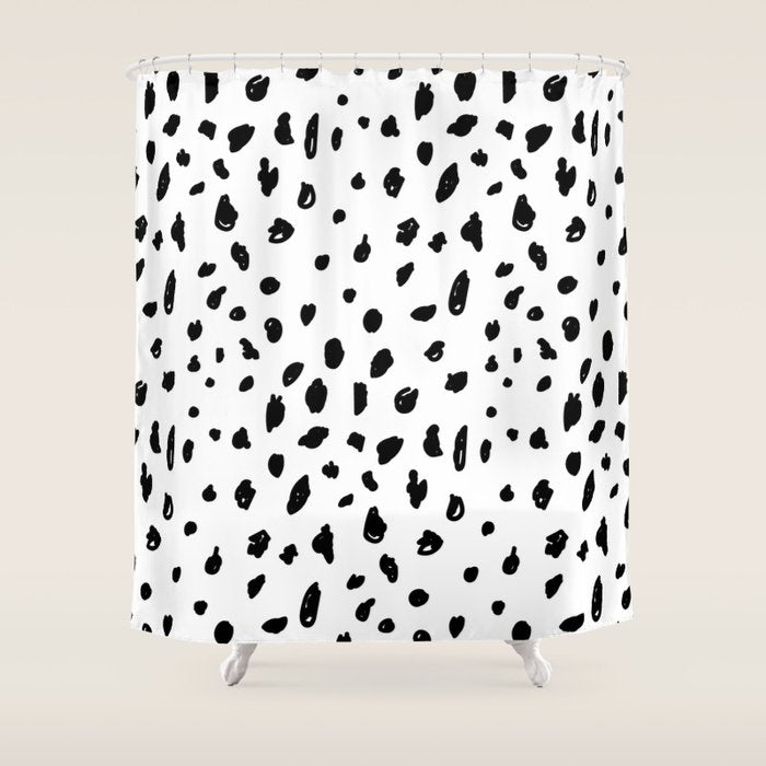 Black geometrical hand painted polka dots confetti pattern Shower Curtain Gallery Image 1