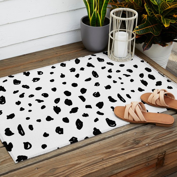Black geometrical hand painted polka dots confetti pattern Outdoor Rug Gallery Image 2