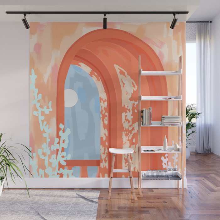 Moonlit, Summer Day Home Decor, Architecture Indoor Building Interior Design, Full Moon Bohemian Eclectic Bright, Mindful Spiritual Joy Painting Wall Mural Gallery Image 1