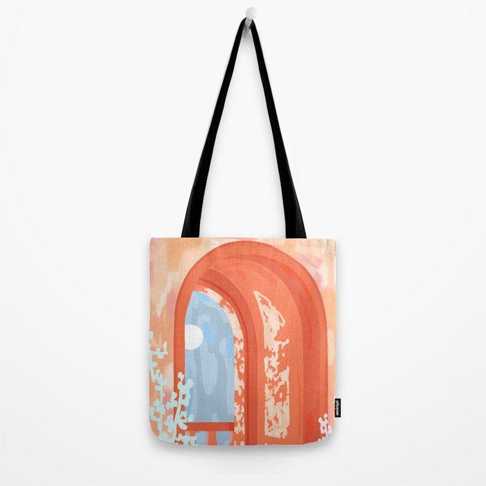 Moonlit, Summer Day Home Decor, Architecture Indoor Building Interior Design, Full Moon Bohemian Eclectic Bright, Mindful Spiritual Joy Painting Tote Bag Gallery Image 2