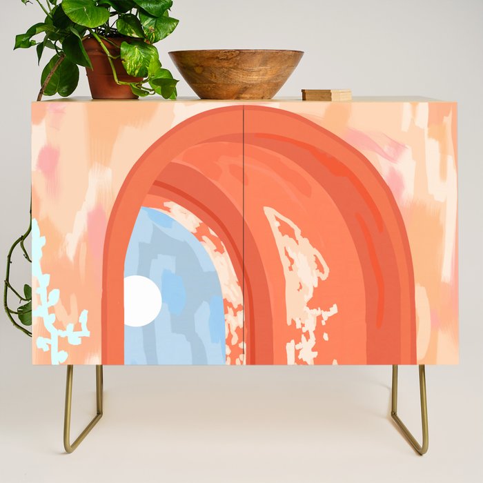 Moonlit, Summer Day Home Decor, Architecture Indoor Building Interior Design, Full Moon Bohemian Eclectic Bright, Mindful Spiritual Joy Painting Credenza Gallery Image 1
