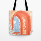 Moonlit, Summer Day Home Decor, Architecture Indoor Building Interior Design, Full Moon Bohemian Eclectic Bright, Mindful Spiritual Joy Painting Tote Bag Gallery Image 1