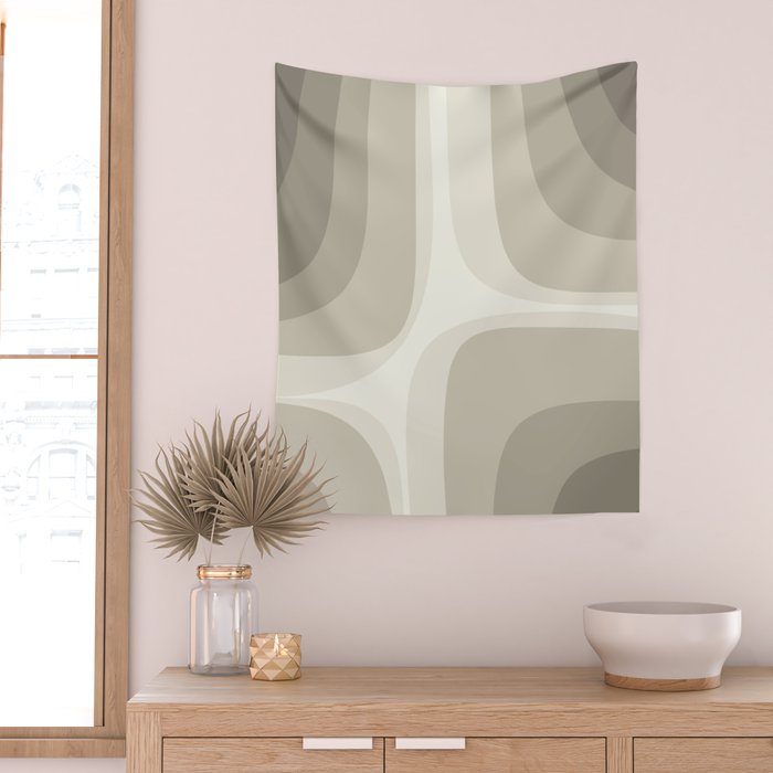 Retro Groove Abstract Minimalist Pattern Greige Taupe Cream Wall Tapestry Gallery Image 2